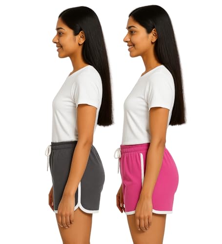 Image of Hangout Hub Women's Cotton Shorts | Boxer Half Pant with Sporty Stripe | Elastic Waist | Hypoallergenic Breathable Fabric | Sweat Absorbent Material | Gym Exercise Yoga Lounge Run Wear (Multi Color)