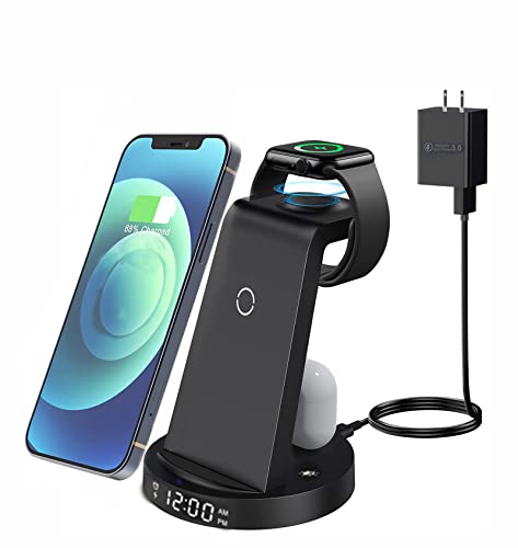 3 in 1 Fast Wireless Charging Station Compatible With iPhone 13/12/11, Dock Stand With Clock for Watch Series & AirPods (Adapter Included)