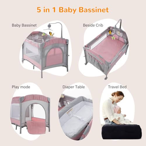 Image of Soobaby 5 in 1 Baby Crib,Bedside Sleeper,Bassinet,Pack and Play with Bassinet and Changing Table,Portable Travel Playpen Music Box,Portable Travel Crib for Infant Newborn (Pink Gray)