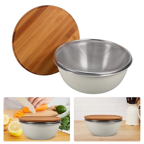 Set de colador y bowl de acero inoxidable con tapa de madera miniatura 3