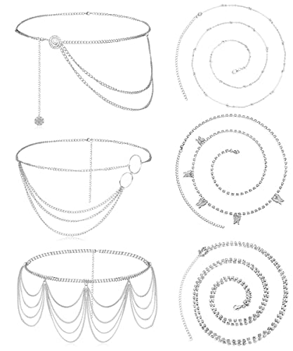 Morfetto 6 Stück Strand-Bikini-Körperkette Mehrschichtige Bauch-Taillenkette Schmetterling Zirkonia Kettengürtel, Bauchketten Charme Trendiger Strandschmuck für Damen Silber Cover