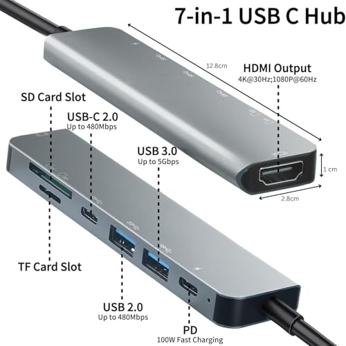 Image of USB C Hub - 8-in-1 USBC Adapter with USB, C-USB, 100W PD, USB 3.0 5Gbps Ports, SD /TF Card Reader - USB-C Dongle for Office, Meetings, Travel & Home Setup (HDMI)