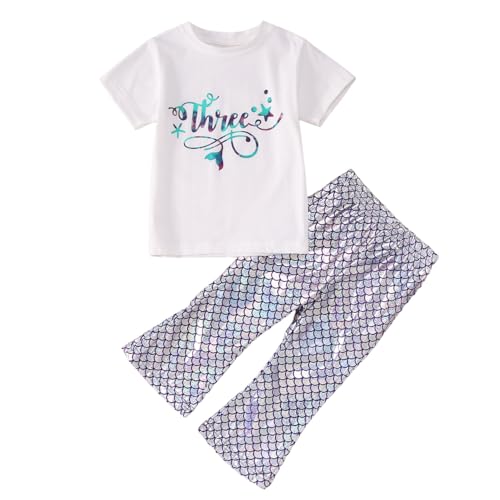 Toddler Girl Birthday Mermaid Outfits 2nd 3rd 4th Birthday Short Sleeve T-Shirt Shiny Flared Pant Set Summer Clothes