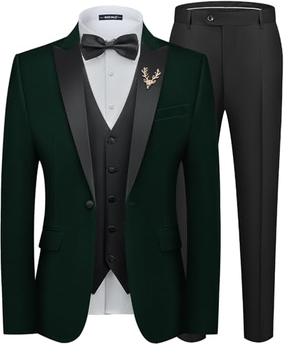 MAGE MALE Mens Velvet Suits Slim Fit Peak Lapel Tuxedo 3 Piece One Button Prom Party Banquet Blazer Vest Pants Set