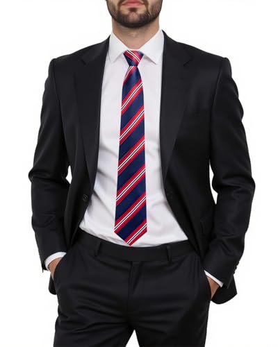Image of Hi-Tie Zipper Ties for Men Red Blue Striped Adjustable Pre-Tied Necktie Lapel Pin Pocket Square Cufflinks Set