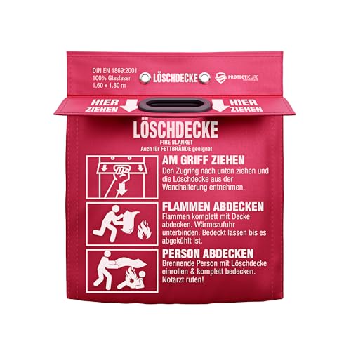 Protecticure Hochwertige Löschdecke 1,60 Meter x 1,80 Meter - ORIGINAL Brandschutzdecke nach DIN EN 1869 - Für Brände in der Küche/Löschdecke für Zuhause - Küchenbrände - Feuerlöschdecke