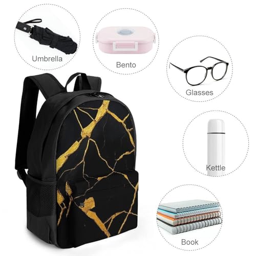 Unisex Gold Black Marble Texture Backpack, Elegant Large Capacity Backpack with Water Bottle Pocket, Adjustable Travel Shoulder Bag for Women Men4