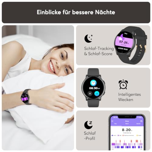AcclaFit Smartwatch Damen Herren, 1.38 Zoll HD-Display Smart Watch mit Bluetooth Anrufe, Fitness Tracker mit Herzfrequenz SpO2 Schlafmonitor Schrittzähler, IP68 Wasserdicht Fitnessuhr für iOS Black – Bild 4