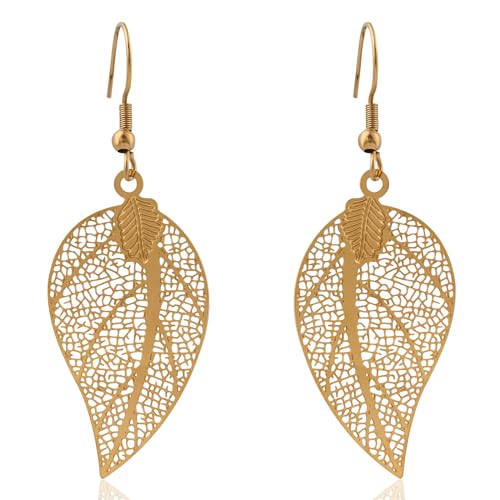 14K Gold Plated Leaf Drop Dangle Earrings Lightweight Filigree Earrings for Women Handmade Teardrop Plant Earrings for Sensitive Ears