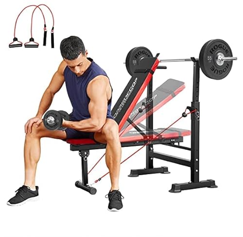 OppsDecor 150 kg 5-in-1 verstellbare olympische Hantelbank Set mit Beinentwickler, Preacher Curl Rack Multifunktions-Bankpresse Set für Ganzkörpertraining (Schwarz) Cover