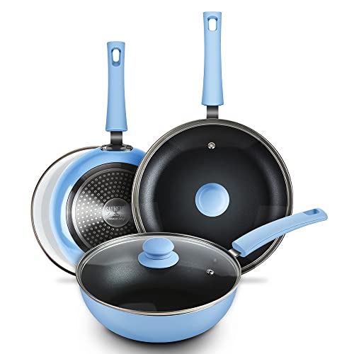 Image of SHINEURI Frying Pans 6 Pieces Nonstick Cookware Set 9.5” and 11” Frying Pan Skillet Pan and Wok with Lid Ceramic Cookware Set
