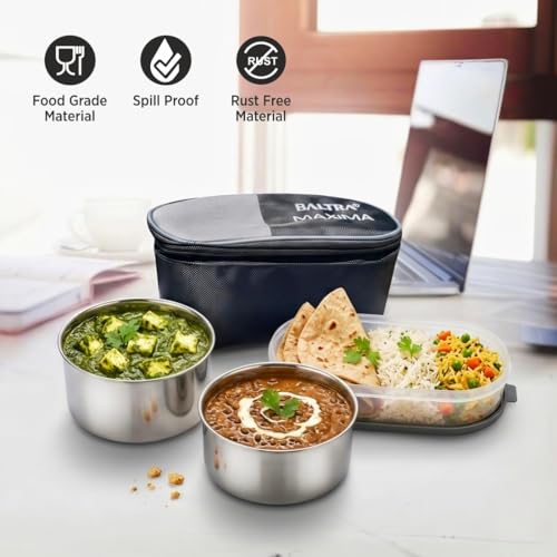 Image of BALTRA LUNA Set of 3Pcs Lunch Box with Insulated Fabric Bag For Daily Use | 2 x 220ml Stainless Steel Container, 1 x Oval Container | Lightweight Leakproof Airtight Tiffin Box Case For Office & Travel