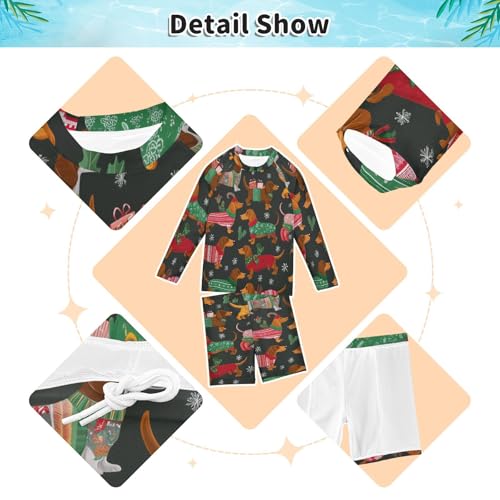 Dachshund Holly Leaf Snow Boys Swimsuit Rash Guard Toddler Kids Long Sleeve Swim Shirt and Trunks Swimwear Set 3-10Y3