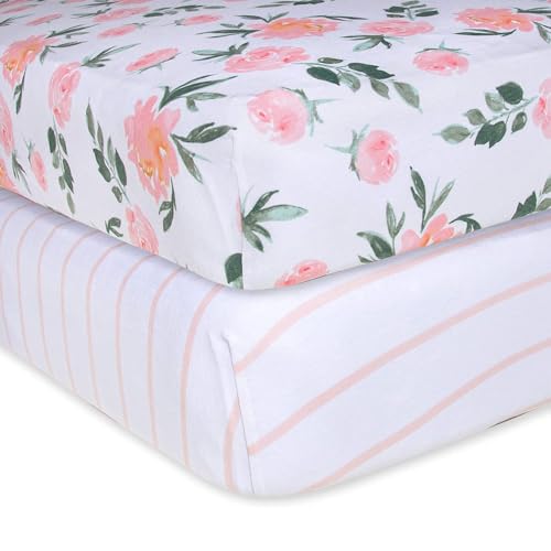 Image of Burt's Bees Baby Fitted Crib Sheet Organic Cotton BEESNUG - Autumn Bloom and Stripe Prints, Fits Unisex Standard Bed and Toddler Mattress, Infant Essentials, 52 x 28 Inch 2-Packs