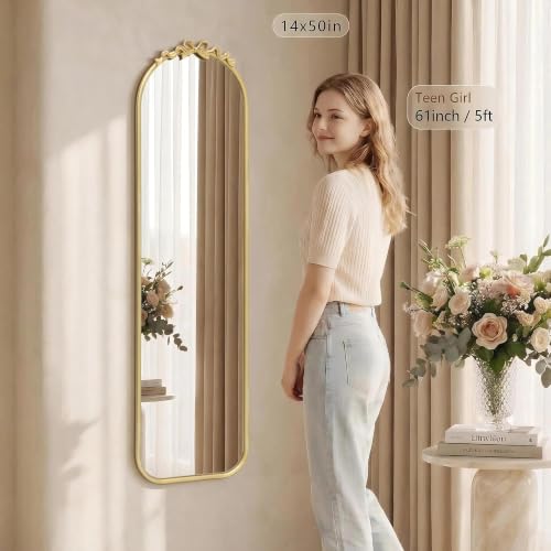 Image of Besdomus Door Mirror Full Length: 14 inchx50 inch Gold Bow Over The Door Hanging | French Antique Baroque Metal Framed - Traditional Ornate Full Body for Girls Bedroom /Cloakroom /Living Room - Ideal for Girl