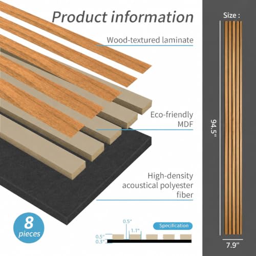 Image of Art3d 8-Pack Soundproof Wood Slat Wall Panels, 94.5 x 7.9 Inch, Teak