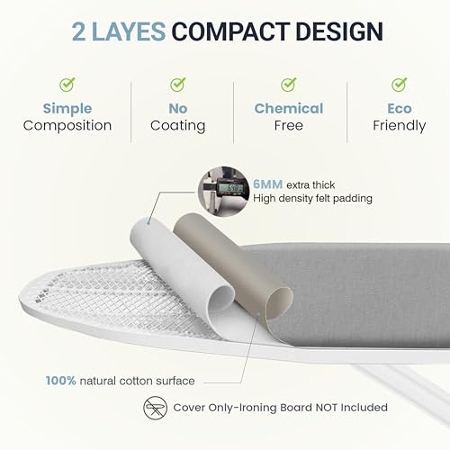 Image of Ironing Board Cover and Pad 15 inchx54 inch Extra Thick Natural Cotton, Scorch and Stain Resistant Padding, Standard Size Iron Board Cover with Fasteners Heavy Duty Elastic Edge, Heatproof Gray