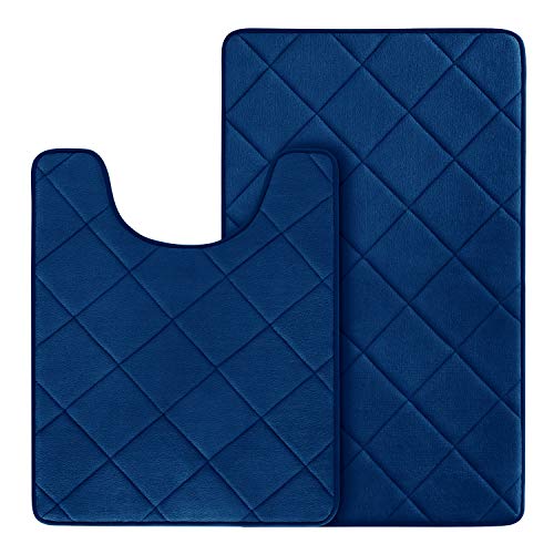 BYSURE Navy Blue Bathroom Rugs Sets 2 Piece, Soft Memory Foam Bath Mats for Bathroom Floor, Non-Slip Washable with Toilet Rugs Set (20"x32"+U Shaped 20"x24")