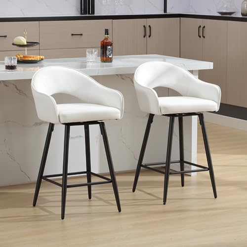 Butacos giratorios HEAH-YO, juego de 2 unidades, altura de asiento 27 pulgadas, con respaldo y patas metálicas, sillas modernas de cuero PU para isla de cocina, color blanco crema miniatura 1