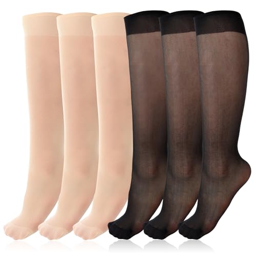 6 Pairs Knee High Stockings for Women, Elastic Sheer Nylon Socks with Reinforced Toe Toes Nude Black One Size