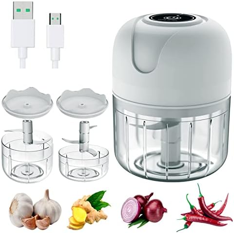 Electric Garlic Chopper, Mini Portable Veggie Chopper, Garlic Grinder Masher Onion Chopper, Blender to Vegetable, Wireless Food Processor for Ginger, Chili, Fruit, Meat(100ML+250ML)