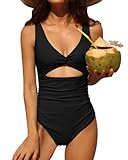 Charmo Womens One Piece Swimsuit Ruched Tummy Control High Cut Backless V Neck Bathing Suits Swimwear Black X-Large