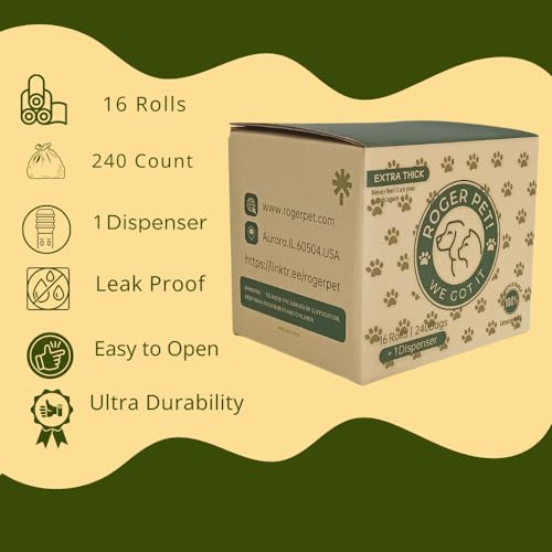 Image of Biodegradable Dog Poop Bags Rolls - Unscented, Compostable Trash Bag With Dispenser And Leash Clip - 16 Rolls of 240 Poop Bags for Dogs and Cat, Thick And Ideal Pet Waste Bags