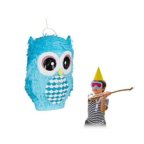 Relaxdays Pignatta Gufo, Simpatica Pentolaccia a Forma di Animale da Riempire, per Compleanni & Feste, da Colpire, Blu, Colore, 10031476