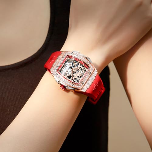 Image of OUPINKE Automatic Womens Watches Luxury Diamonds Hollow Skeleton Square Ladies Watches Soft Silicone Strap Fashion Dress Rose Gold Female Watch Waterproof