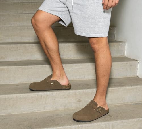Image of Genuine Suede Clogs Womens Mens Cork Footbed Sandals Potato Shoes | Unisex Suede Leather Mules ,Arch Support,Adjustable Metal Buckle,Cork and Rubber,Wonderful Quality