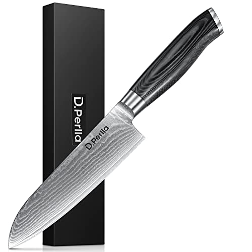 Cuchillos Cocina Profesional, D.Perlla Cuchillo Santoku de Cocina Damasco, 17cm Cuchillo Chef Japones de Acero Damasco de 67 Capas, Mango de Material G10 Cover