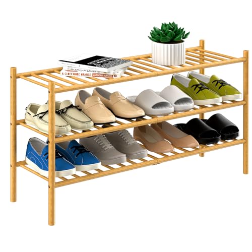 3-Tier Bamboo Long Shoe Rack, Free Standing Wood Shoe Shelf Storage Organizer for Closet Entryway Stackable 35"x11"x20" (Natural)