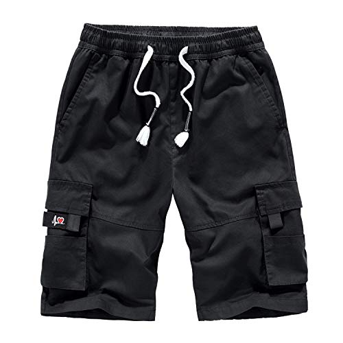 LABEYZON Men's Outdoor Casual Elastic Waist Twill Cotton Relaxed Fit Cargo Shorts for Men (Black 38)