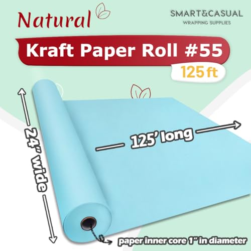 Image of SMART&CASUAL 24 inch x 1,500 inch (125') Light Blue Kraft Craft Paper Roll for Gift Wrapping Bulletin Board Bouquet Flower Art Packing Parcel Table Covering 80GSM 55LB (Light Blue, 24 inch x 125')