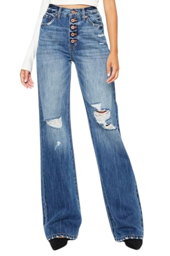 Kan Can Women's Ariena Ultra High Rise 5 Button Fly 90's Flare Jeans KC7373