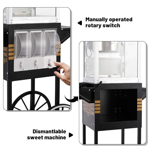 Image of 12 Oz Popcorn Machine Cart with Candy Dispenser (Black) - Large Vintage Popcorn Maker - 3 Easy Switches popper with Storage 4 Spoons for Commercial Home Movie Nights Party Events