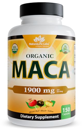 NaturaLife Labs Organic Maca Root – Black, Red & Yellow – 1900 mg per Serving – 150 Capsules