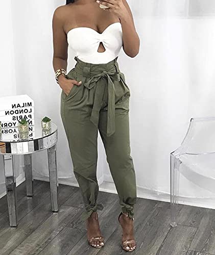 SOMTHRON Women's Casual Loose Paper Bag Long Pants High Waist Cropped Pencil Dressy Trouser with Pockets3