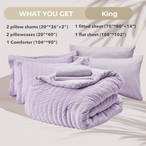 Image of HYMOKEGE Lavender King Size Comforter Set Seersucker 7 Pieces, All Season Luxury Bed in a Bag for Bedroom, Bedding Set with Comforters, Sheets, Pillowcases & Shams