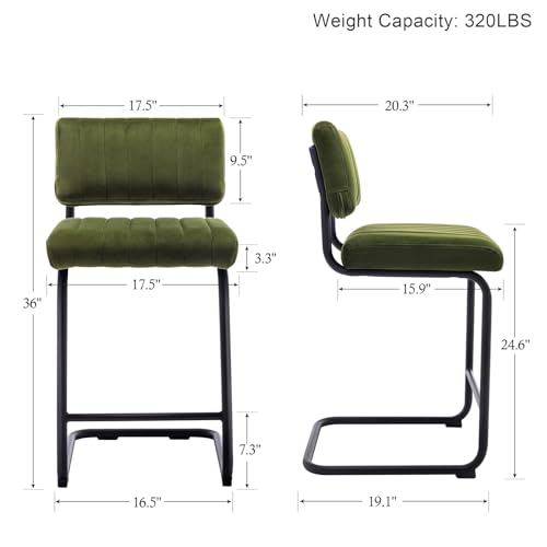 Image of ONEVOG 24 Inch Green Counter Bar Stools Set of 4, Mid-Century Modern Counter Height Cantilever Chairs for Kitchen Island, Upholstered Velvet Fabric Barstools with Back and Metal Leg, Olive Green