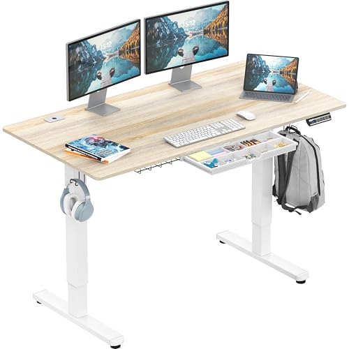 SHW 55 x 28 Inches Electric Height Adjustable Standing Desk with Drawer and Memory Preset, Maple