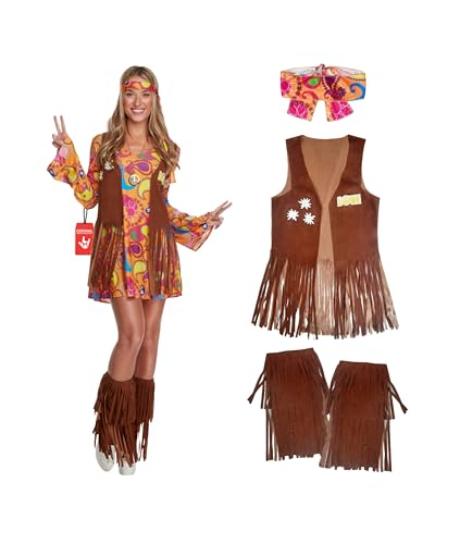 Morph Traje hippie mulher, disfarces hippies, fato retro 60s 70s, disfarce de mulher carnaval - M