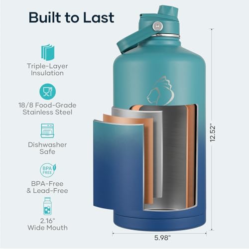 Image of BUZIO 1 Gallon Water Bottle Insulated with Dust-Proof Straw & Spout Lids