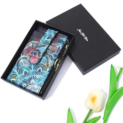 Image of Badiya Slim Women Wallet RFID Blocking Bifold Compact 9 Card Slots Holder Wallets Soft Leather with Zipper Coin Pocket 2 ID Window