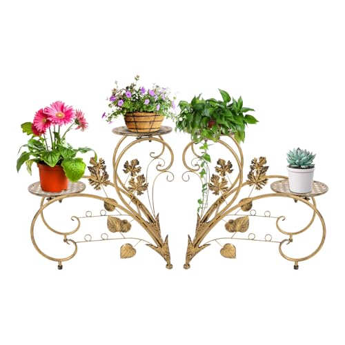 Soporte para flores de metal de 2 niveles, juego de 2 escaleras para flores, estantería vintage de 41 cm de alto, soporte para flores de hierro para interior y exterior (bronce)