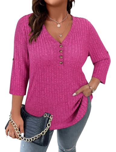Image of Koscacy Women Plus Size V Neck 3 /4 Roll Sleeve Sweater Casual Knit Tops Solid Color Blouses