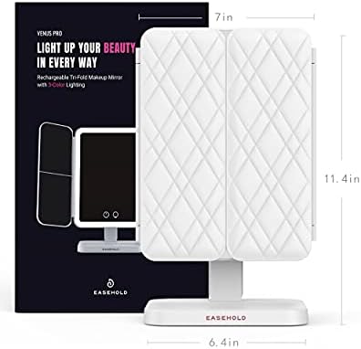 EASEHOLD Lighted Makeup Mirror with 60 LED Lights, 1X/2X/3X/10X Magnifying Mirror, Leather-Like Tri-Fold Vanity Mirror, Smart Touch Adjust Brightness, 3 Color Light for All Occasions - Shell M2 Mini
