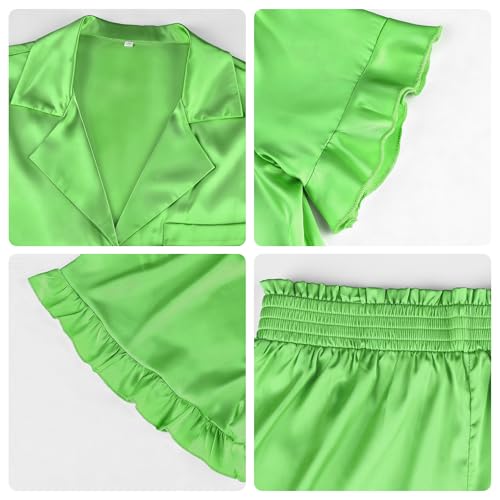 Image of KFUBUO Silky Satin Pajamas for Women Set Short Sleeve Button Down 2 Piece Pjs Shorts Sets Soft Sleepwear Loungewear