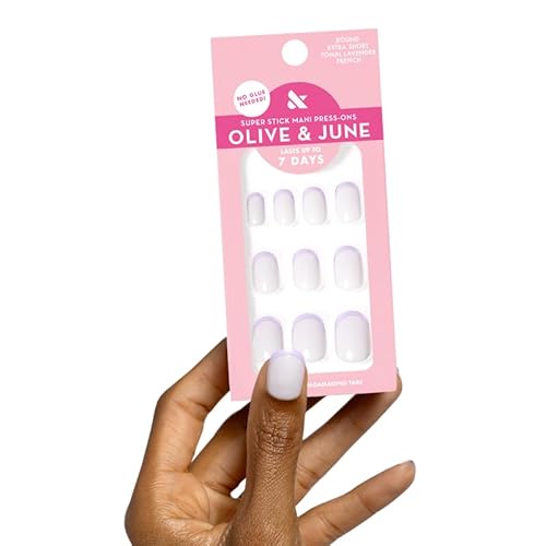 Olive & June Classic Super Stick Mani Press On Nails | No Glue Needed | 32 Tab Nails 16 Sizes | Non-Toxic Tabs Easy On-Off Non-Damaging | 7-Day Wear | Extra Short, Round | Tonal Lavender French