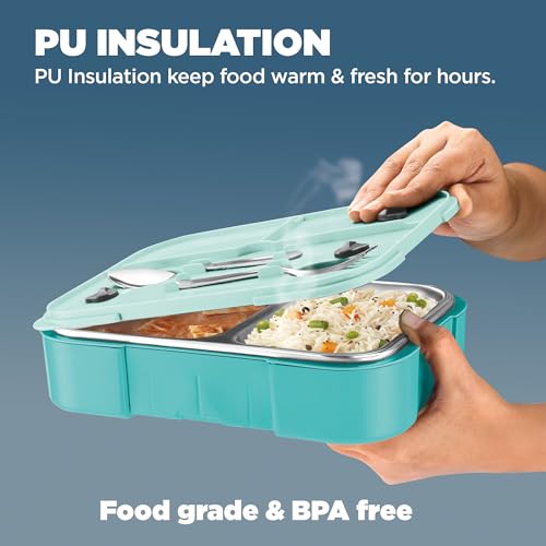 Image of Milton Ethan 3 Inner Stainless Steel Tiffin Box for School, 3 Partition, Steam Release Plug | PU Insulated, Leak-Proof, Food Grade I Lunch Box for Kids Boys, Girls with Snap Lock Lid,600 ml,Aqua Green